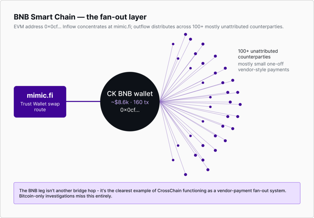 Diagram of a wallet system: a purple 'mimic.fi' block connected to a black circular 'CK BNB wallet' with text about balance and transactions, which fans out to many small purple lines ending in dots, representing 100+ unattributed counterparties and vendor-style payments.