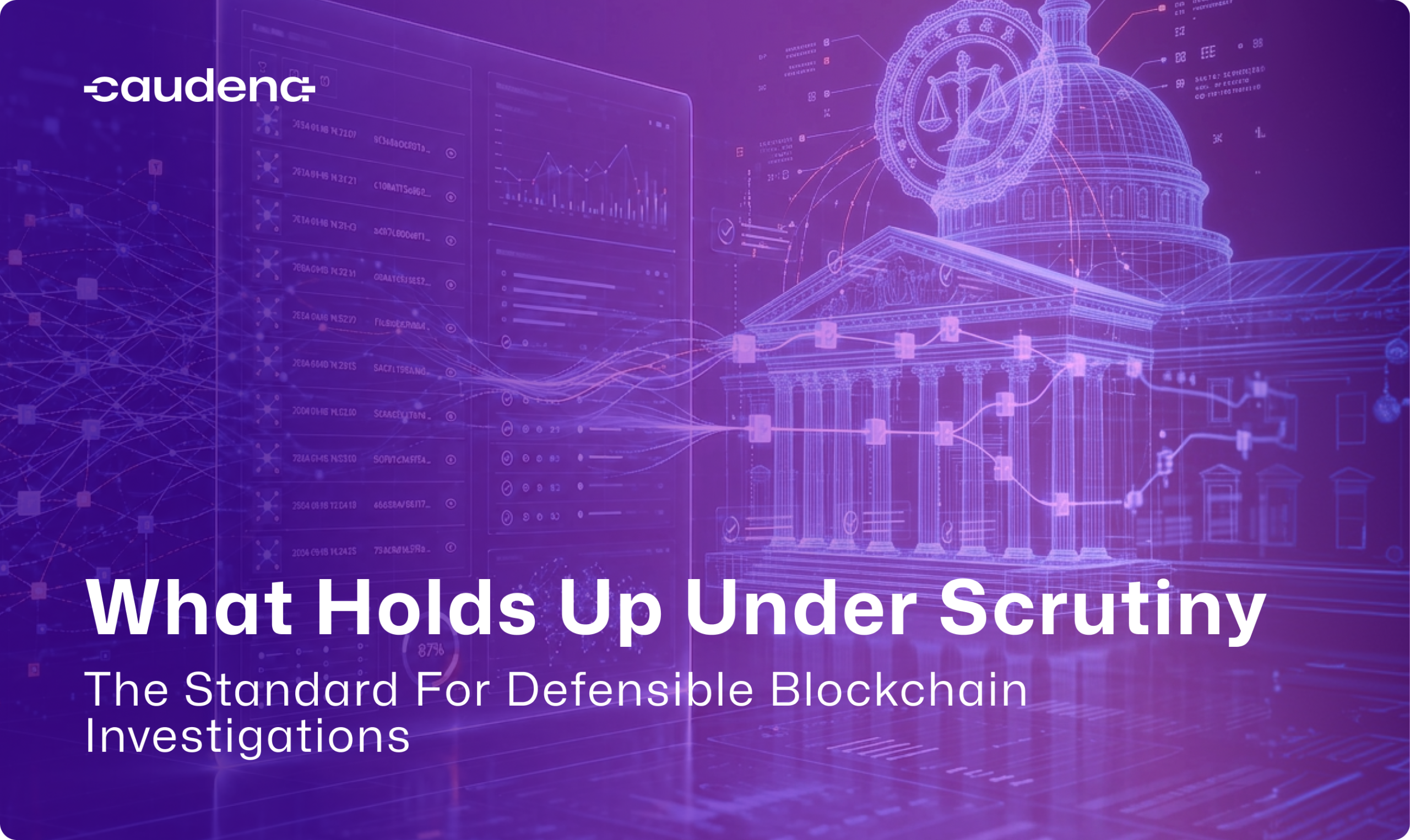 Blockchain transaction graph passing through an evidence layer with timestamps, case notes, and review checkpoints.