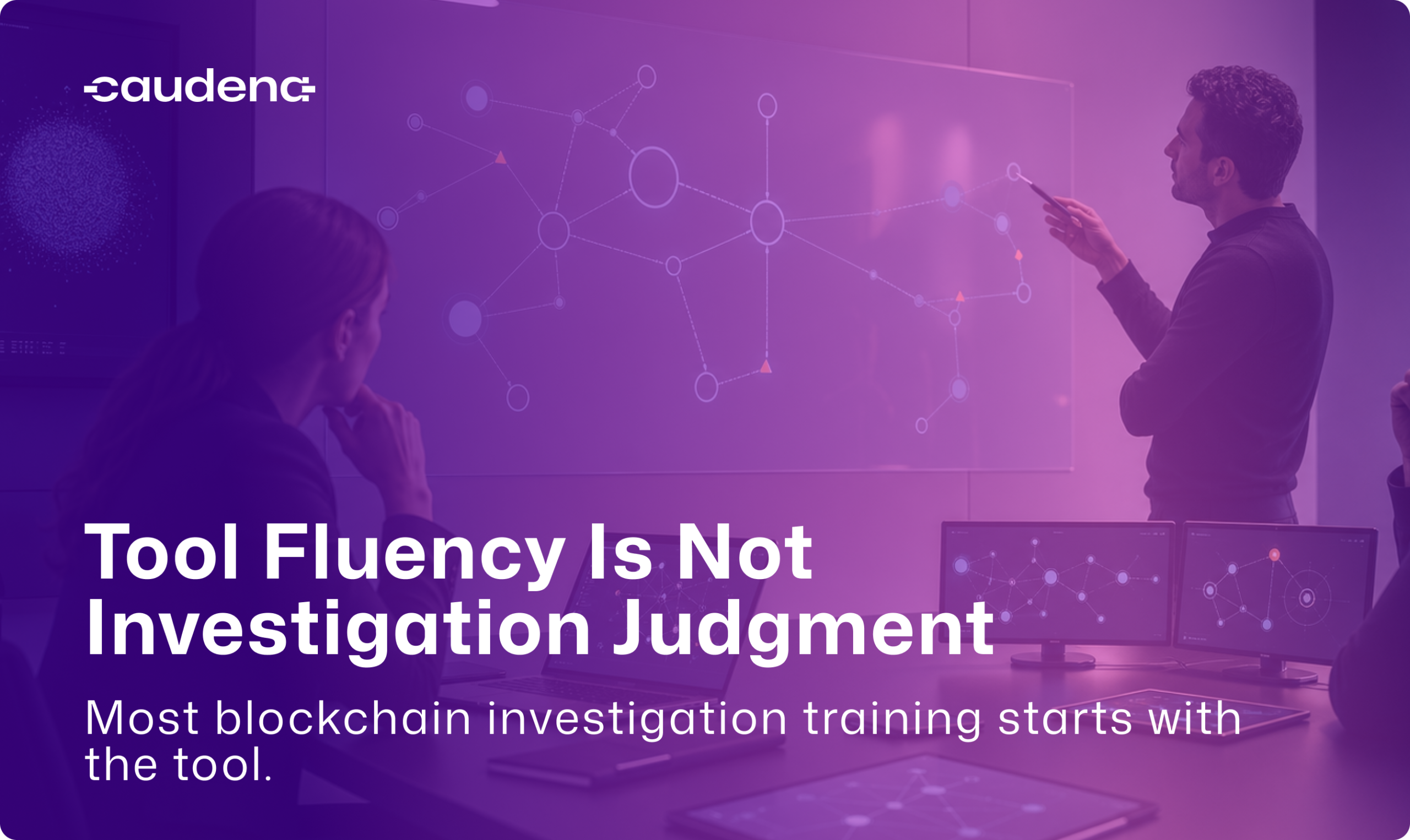 Investigation team reviewing a blockchain tracing workflow with shared case notes, uncertainty markers, and training checkpoints.