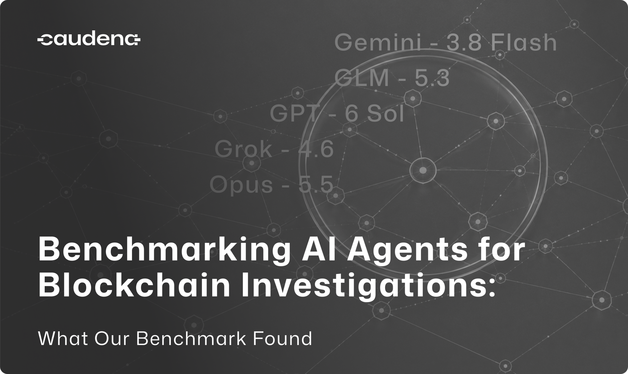 A circular inspection lens over a flat silver transaction network on a charcoal background and AI-model names